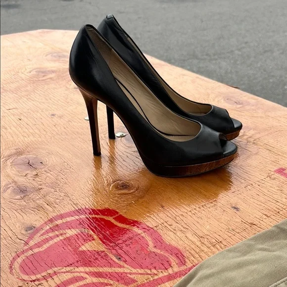 Saks Fifth Avenue Black Leather Peep Toe Wooden Stiletto Heels - Picture 1 of 3